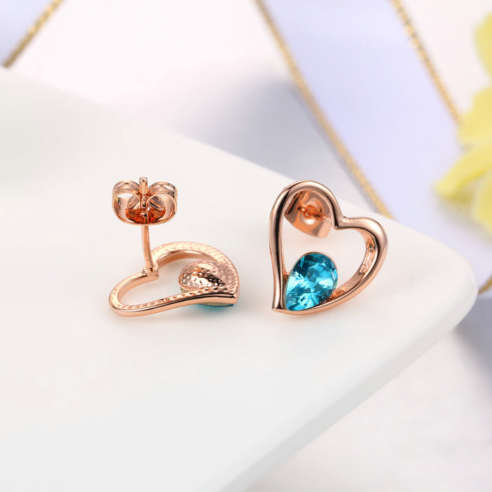 18k Gold Plated Sea Blue Crystal Heart Stud Earrings for Women | Premium AAA+ Austrian Crystals | Eco-Friendly Copper Jewelry