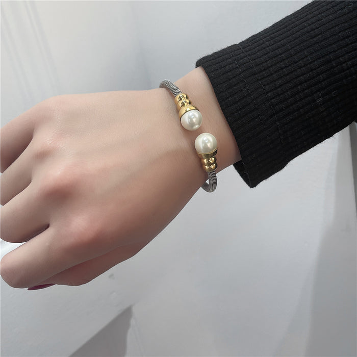 Elegant Gold Plated Stainless Steel Open Cuff Bangles for Women – Inlay Pearl and Beaded Bracelet Jewelry