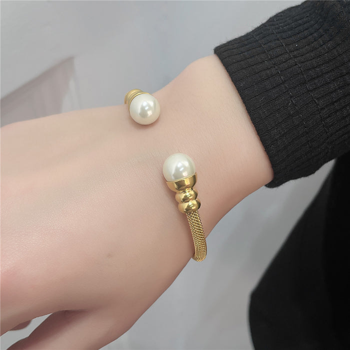 Elegant Gold Plated Stainless Steel Open Cuff Bangles for Women – Inlay Pearl and Beaded Bracelet Jewelry