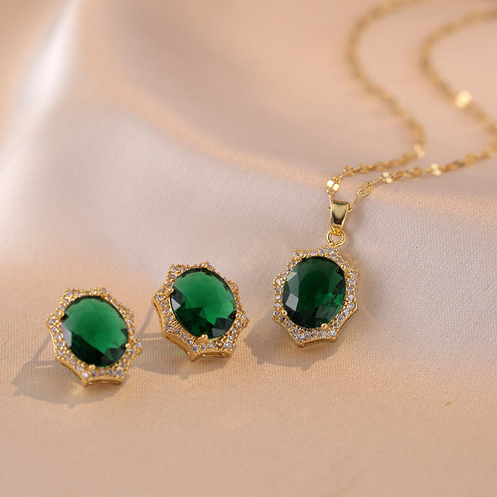 "Oval Green Stone Jewelry Set for Women: 18K Gold Plated CZ Necklace and Stud Earrings | Bridal & Birthday Gift