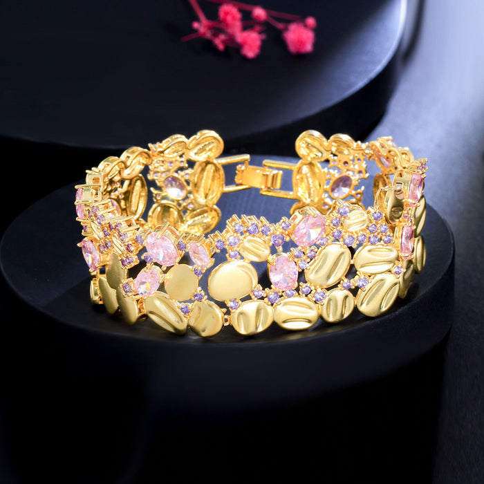 Chunky Wide Matte 18k Gold Plated Bracelet with Unique Purple Pink Cubic Zirconia Crystal – Stylish Jewelry for Women