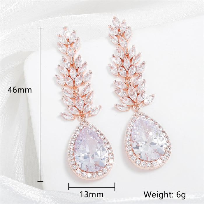 Elegant 18k Gold-Plated Leaf Crystal Long Bridal Earrings for Women | Water Drop Design with Cubic Zirconia | Perfect Wedding Jewelry