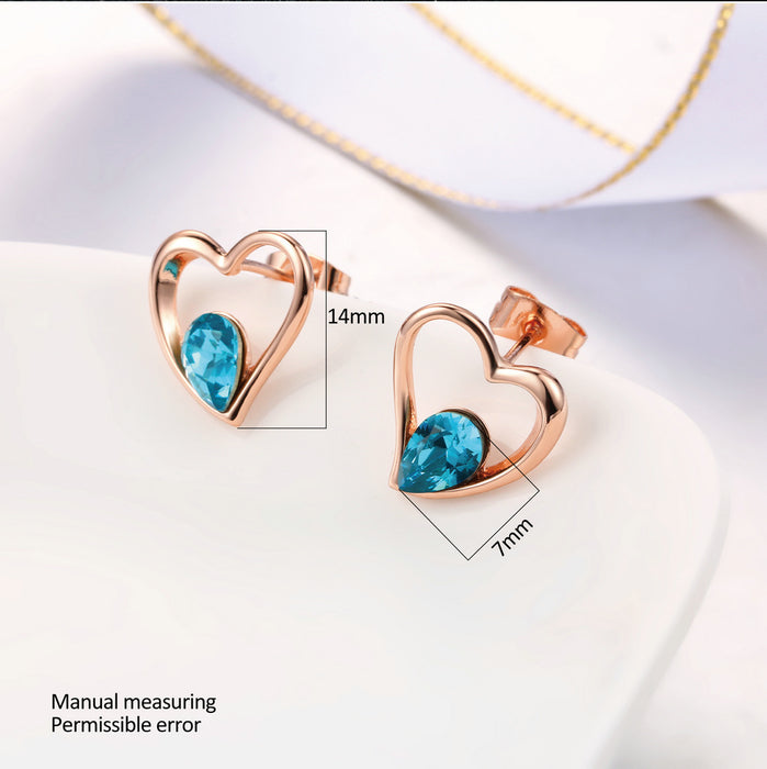 18k Gold Plated Sea Blue Crystal Heart Stud Earrings for Women | Premium AAA+ Austrian Crystals | Eco-Friendly Copper Jewelry